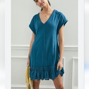 Daily Practice Anthropolgie  Womens Teal V-Neck Ruffle Hem Dress Sz Xs Boho